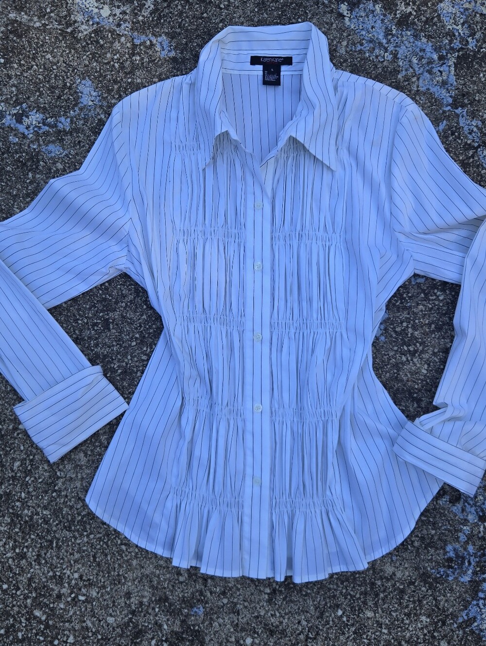 Karen Kane button-down shirt  pinstripe pattern‎ shirring ruched pleated